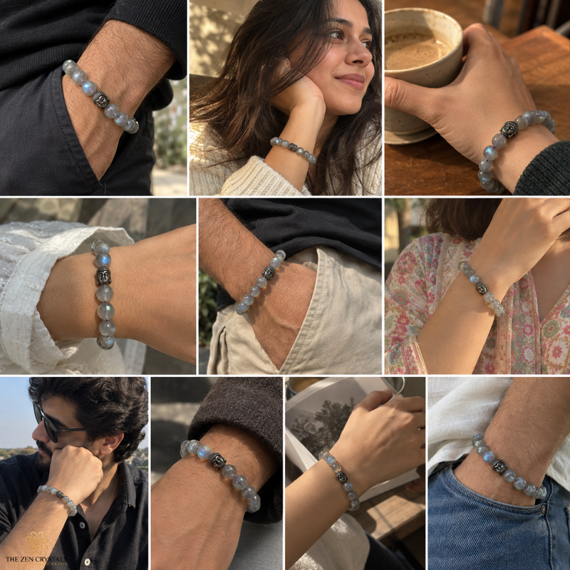 A 3x3 collage showing a beaded bracelet worn on multiple people's wrists in different settings, including outdoors, indoors, and casual moments. The bracelet features light gray and white marbled beads with dark metallic spacer beads.