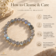 A labradorite beaded bracelet with a silver-toned Buddha head charm is displayed on a textured beige stone surface with informational text and icons about how to cleanse and care for it. The brand name 'The Jewels Crystals' is visible in the bottom-left corner.