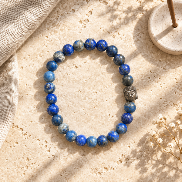 A beaded lapis lazuli bracelet made of round blue lapis lazuli stones with a small silver Buddha head charm, arranged on a textured beige stone surface with soft shadows.