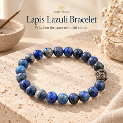 A beaded bracelet made of blue lapis lazuli stones with a small metallic Buddha head charm, displayed on a textured beige stone slab with decorative dried flowers and a bowl in the background. Text at the top reads 'The Zen Crystals Lapis Lazuli Bracelet'.