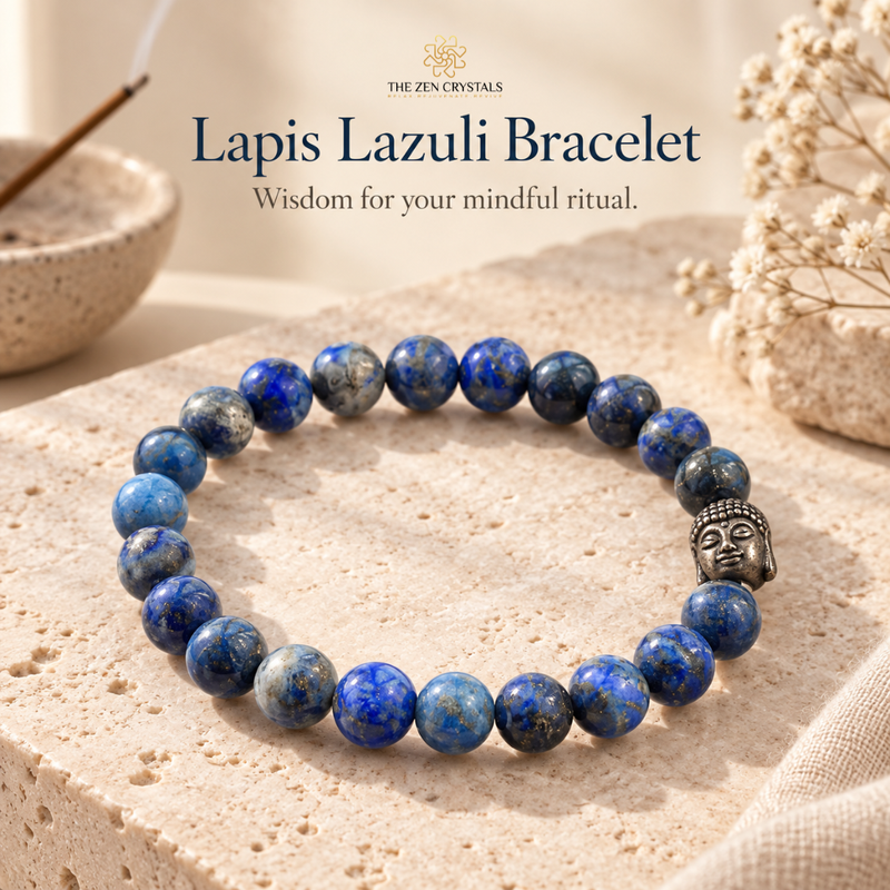 A beaded bracelet made of blue lapis lazuli stones with a small metallic Buddha head charm, displayed on a textured beige stone slab with decorative dried flowers and a bowl in the background. Text at the top reads 'The Zen Crystals Lapis Lazuli Bracelet'.