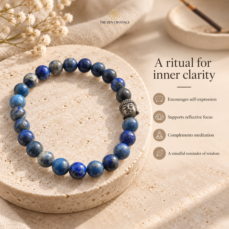 A beaded meditation bracelet made of blue and gray lapis lazuli stones with a dark metallic Buddha head charm, displayed on a round beige stone slab. The image includes text overlays and decorative dried flowers, indicating the brand 'The Zen Crystals'.