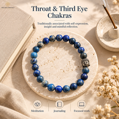 A beaded chakra bracelet made of deep blue lapis lazuli stones with a small Buddha bead accent, displayed on a round stone tray with a book, dish, and dried flowers in a styled flat-lay setting.