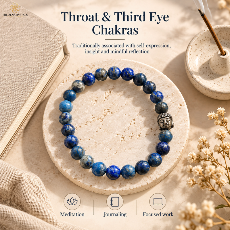 A beaded chakra bracelet made of deep blue lapis lazuli stones with a small Buddha bead accent, displayed on a round stone tray with a book, dish, and dried flowers in a styled flat-lay setting.