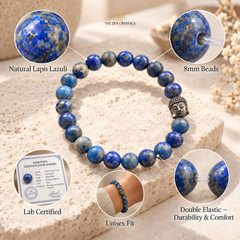 Blue lapis lazuli beaded stretch bracelet with a silver Buddha charm, displayed on a stone block with circular detail callouts showing natural lapis texture, 8mm beads, lab certification, unisex fit, and double elastic durability.