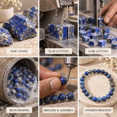 Six-panel collage showing the journey of blue lapis lazuli stone beads: raw stone, slab cutting, cube cutting, bead shaping, drilling and assembly, and a finished bracelet. Human hands and workshop tools are visible throughout.