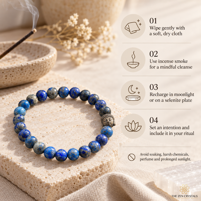 A beaded bracelet made of blue lapis lazuli stones with a small silver-toned metal charm, displayed on a textured stone slab. The image includes a detailed usage guide on the right side with icons and text for cleansing, charging, and ritual use.
