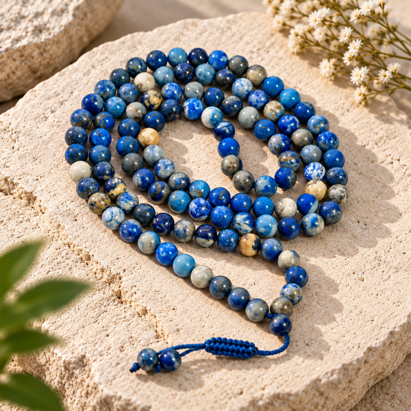 Lapis Lazuli Mala arranged in a spiral on a textured beige stone surface, with small white flowers and green leaves in the background.