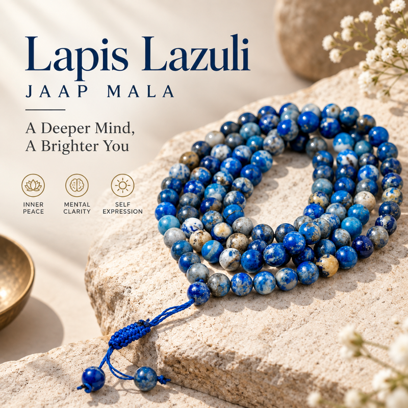 Blue lapis lazuli beaded mala necklace arranged on a light stone surface with decorative dried flowers and a small brass bowl. Text on the image reads 'Lapis Lazuli JAAP MALA' and includes three benefit icons.
