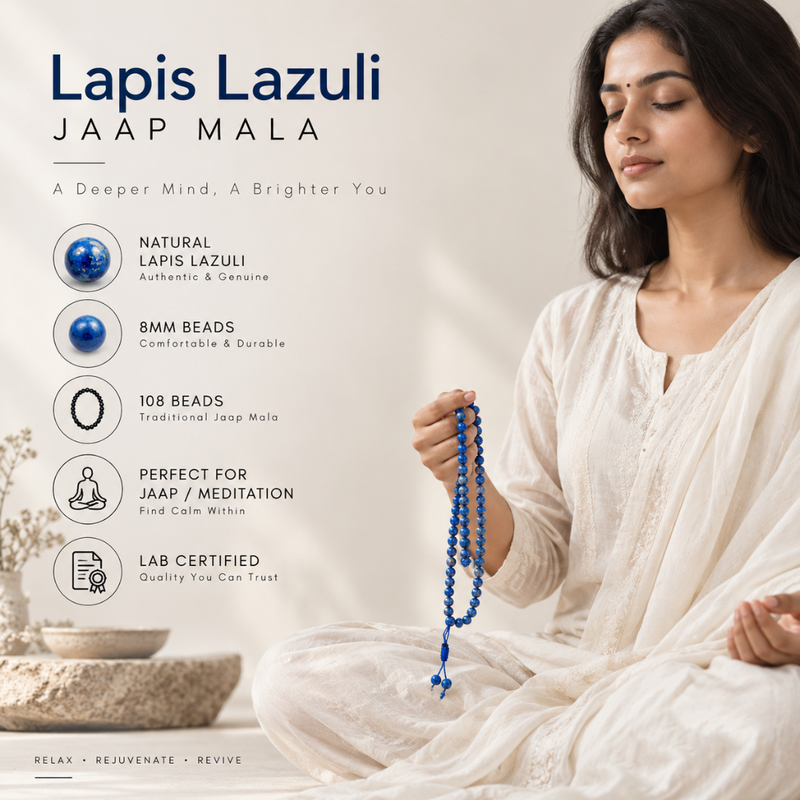 A woman in a white robe sits cross-legged and holds a blue beaded mala necklace. The left side features text reading 'Lapis Lazuli JAAP MALA' and bullet points about the natural lapis lazuli, 8mm beads, 108 beads, suitability for meditation, and lab certification.