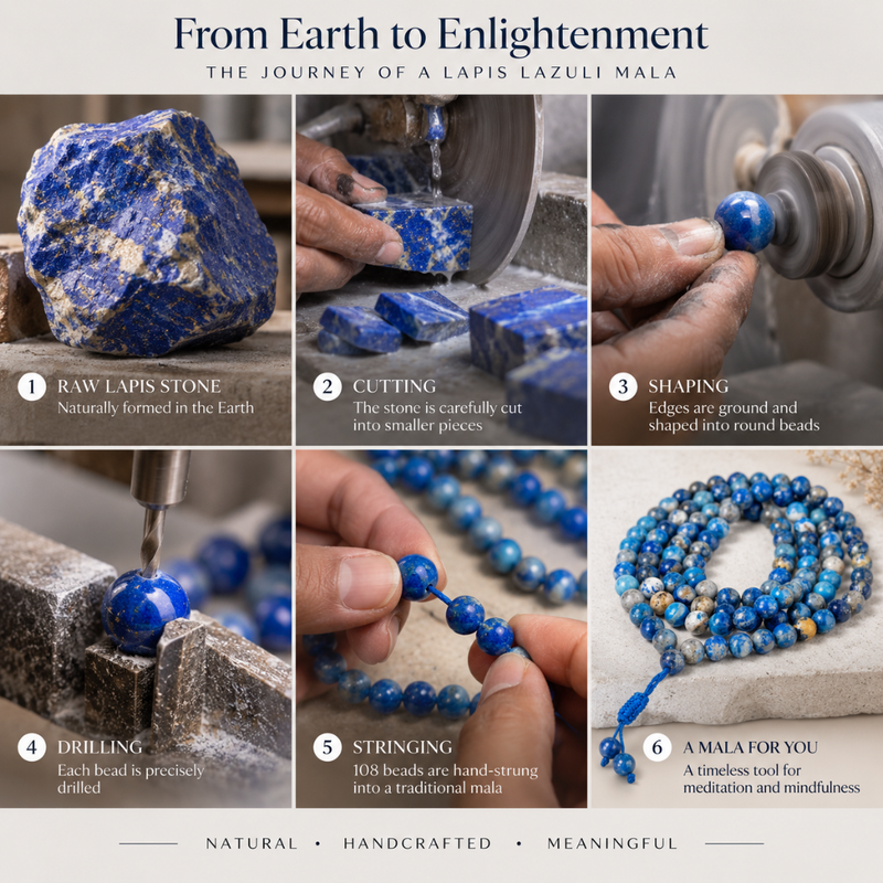A six-panel infographic titled 'From Earth to Enlightenment' showing the handcrafted journey of a lapis lazuli mala bead. The panels illustrate the raw blue-and-gold stone, cutting, shaping, drilling, stringing, and final presentation of the beads on a coil, with text labels and the words 'Natural • Handcrafted • Meaningful' at the bottom.