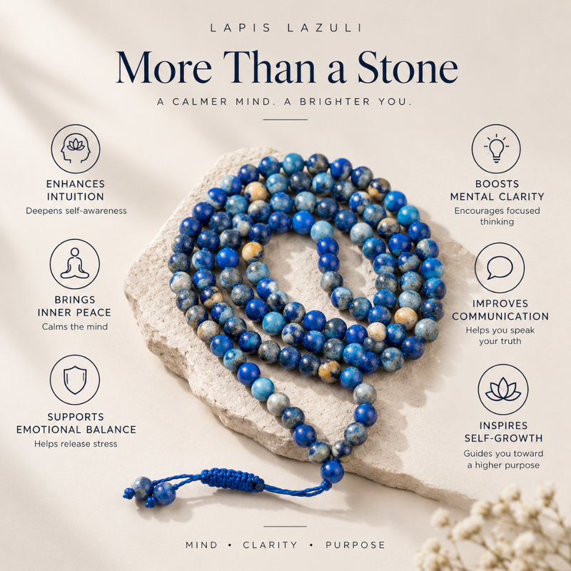 Blue and white marbled lapil lazuli beaded prayer rope arranged on a textured stone slab, with marketing text and icons around it on a warm beige background.