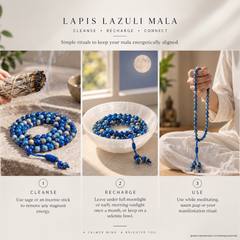 A branded collage for a lapis lazuli mala prayer bead set with three panels showing the blue and cream beads arranged on a stone surface, in a bowl, and being held by a person in white clothing. Text at the top reads 'LAPIS LAZULI MALA' and the bottom text describes cleansing, recharge, and use rituals.