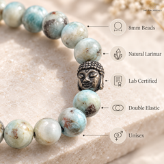 A close-up of a beaded bracelet with light blue and white natural larimar beads, a silver Buddha head charm, and text callouts noting 8mm beads, natural larimar, lab certified, double elastic, and unisex.