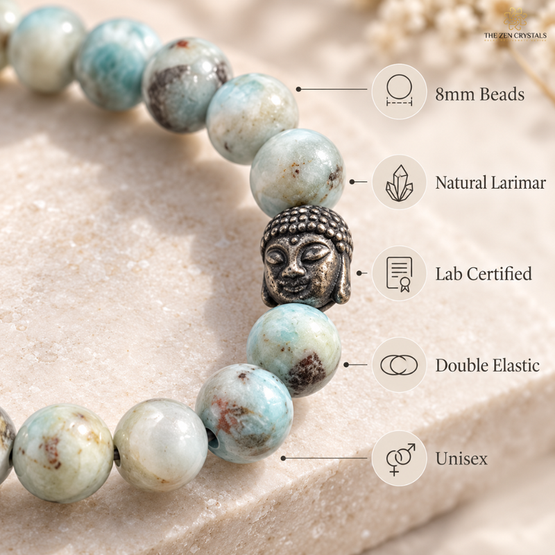 A close-up of a beaded bracelet with light blue and white natural larimar beads, a silver Buddha head charm, and text callouts noting 8mm beads, natural larimar, lab certified, double elastic, and unisex.