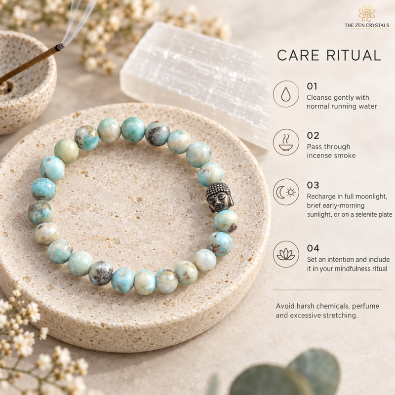 A beaded bracelet made of light blue and green marbled stones with a small black Buddha bead, displayed on a beige stone plate. The image includes a 'Care Ritual' guide on the right side with text and icons, and decorative props like a crystal, incense, and dried flowers.