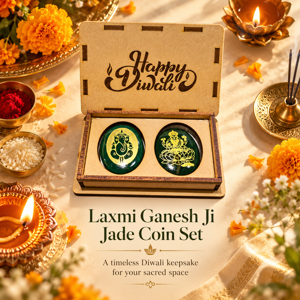 A Diwali-themed product presentation showing an open wooden box containing two green round keepsake coins with gold illustrations. The box lid is engraved with 'Happy Diwali' and the coins are labeled 'Laxmi Ganesh Ji Jade Coin Set.