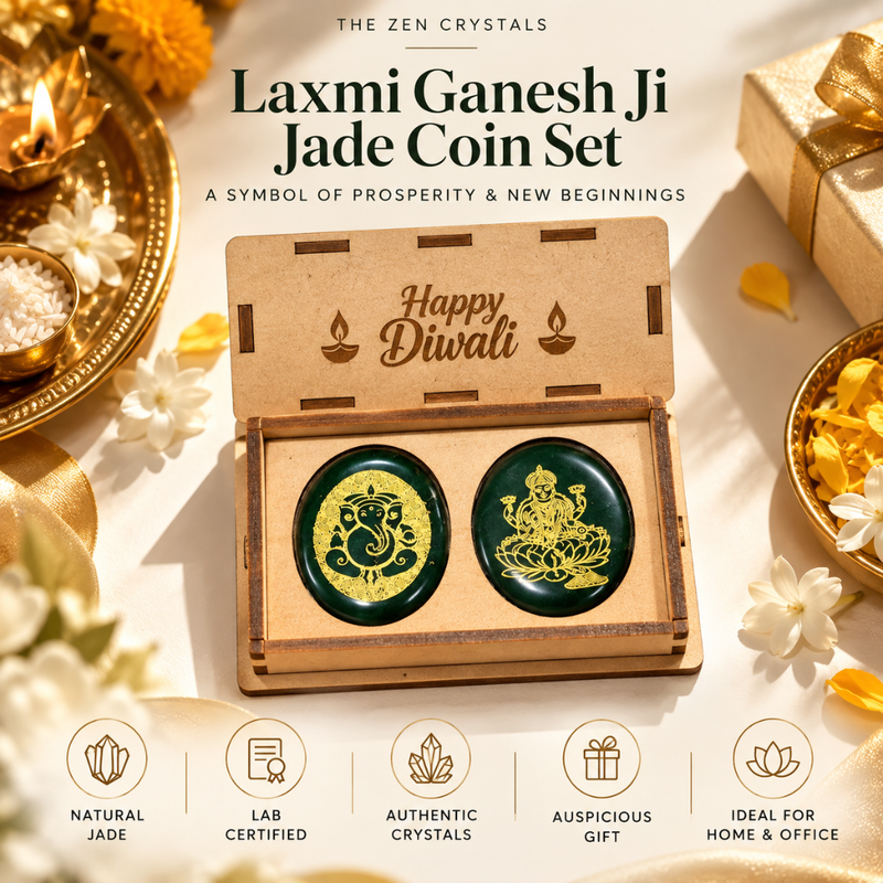 Laxmi Ganesh Ji Jade Coin Set by The Zen Crystals, presented in an open wooden box with 'Happy Diwali' engraved inside. The set includes two round dark green jade coins with gold-toned engravings, displayed on a warm, decorated background with Diwali-themed props like a brass tray, diyas, and a gift box.