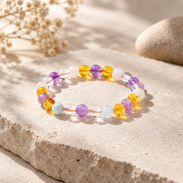 A beaded stretch bracelet with translucent purple, yellow, white, and light blue beads, displayed on a textured beige stone slab with warm natural shadows.