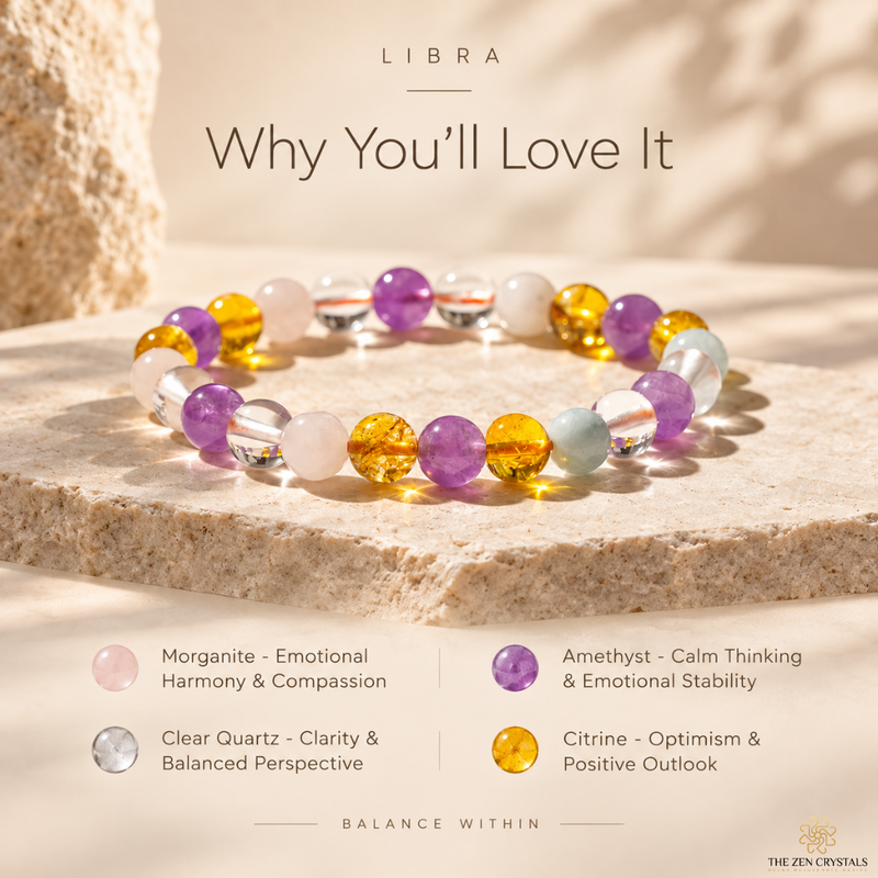 A beaded stretch bracelet displayed on a stone slab, featuring purple amethyst, yellow citrine, clear quartz, and white Morganite beads. The image includes a text overlay detailing the benefits of each gemstone and the brand logo 'The Zen Crystals' in the bottom right corner.
