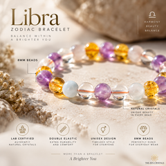 A Libra zodiac bracelet made of translucent and colored gemstone beads, displayed on a textured beige surface with decorative dried flowers. The image includes marketing text and icons highlighting features like 8mm beads, natural crystals, and lab certification.