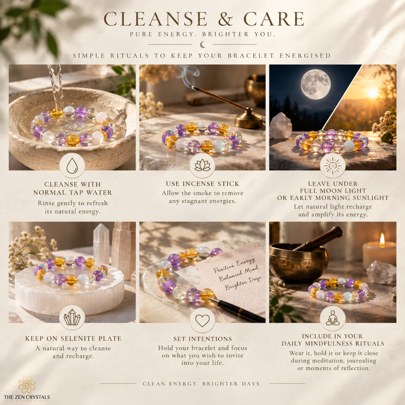 An informational graphic titled 'CLEANSE & CARE' showing a purple and gold beaded bracelet in six styled scenes with text instructions for rituals and care, on a beige and white background.