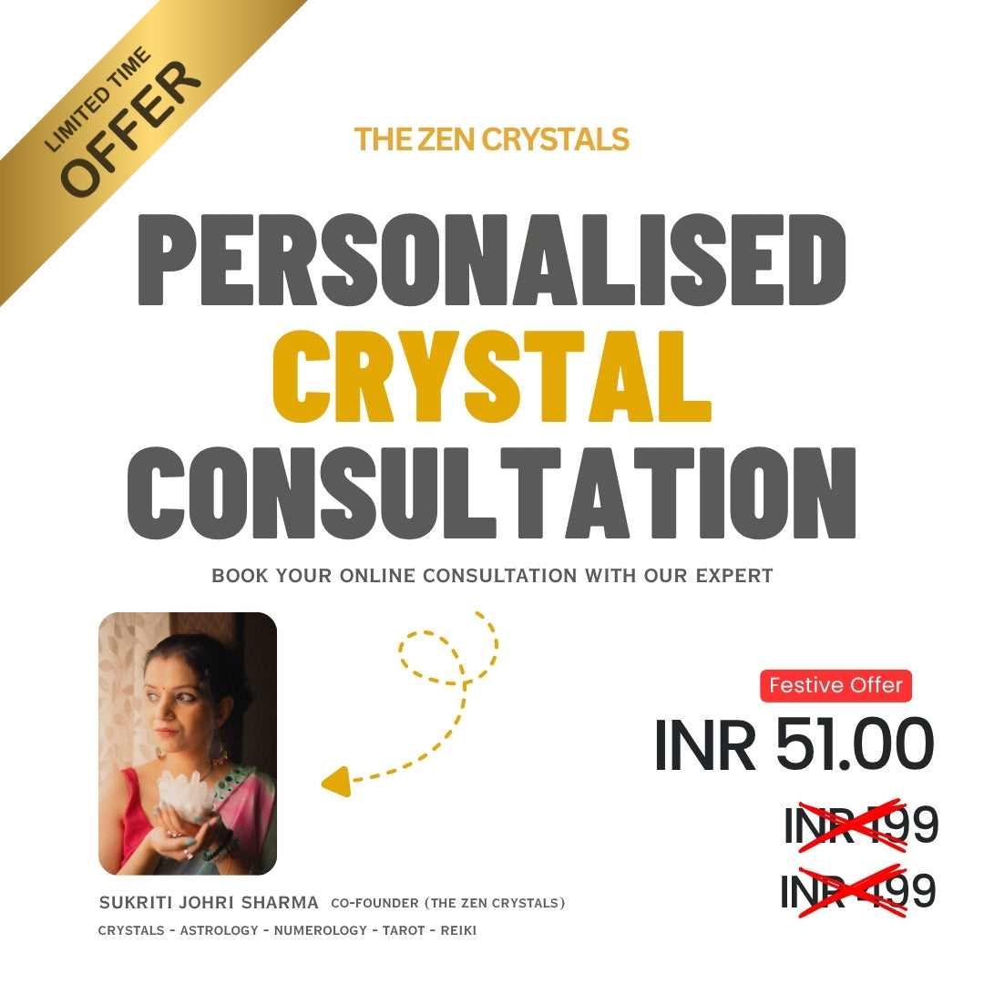 Advertisement for a personalised crystal consultation service with a woman holding crystals and promotional text.