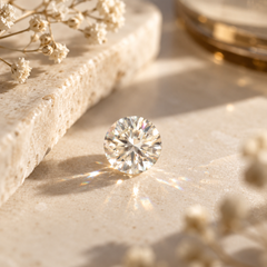 A round brilliant-cut moissanite stone placed on a textured beige stone surface with dried flowers and warm sunlight, photographed in a clean styled setup.