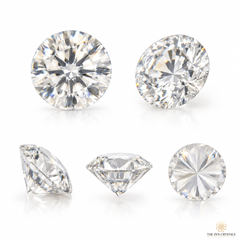 Five clear round brilliant-cut diamonds shown from different angles on a white background, with a small The Zen Crystals logo in the bottom right corner.