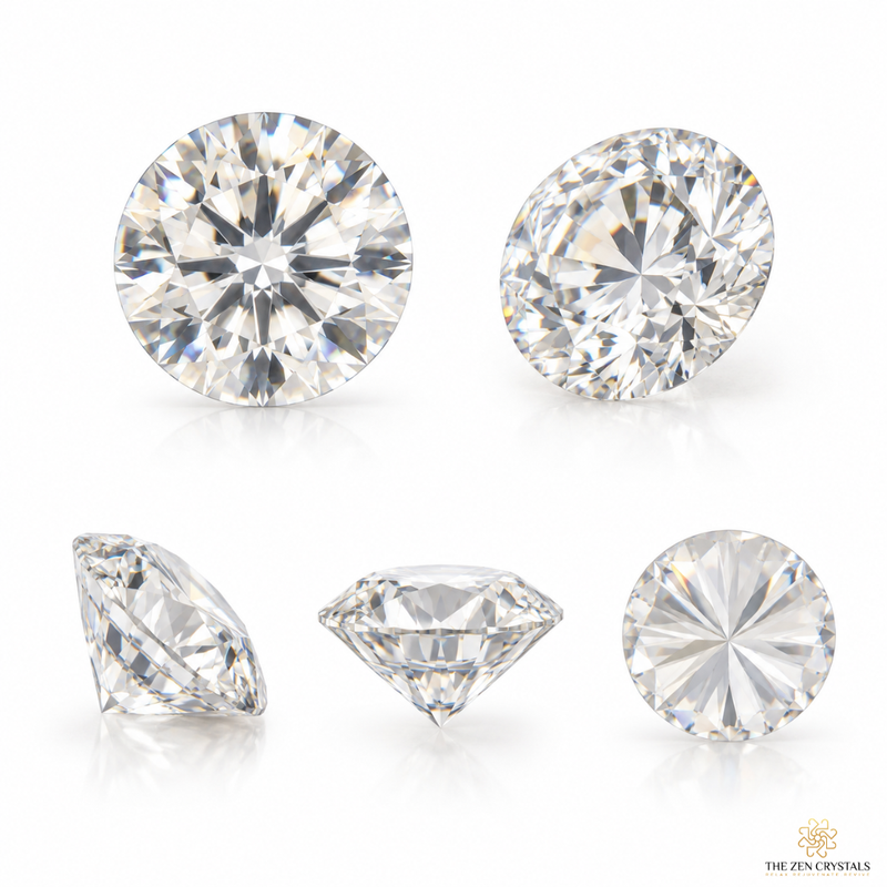 Five clear round brilliant-cut diamonds shown from different angles on a white background, with a small The Zen Crystals logo in the bottom right corner.
