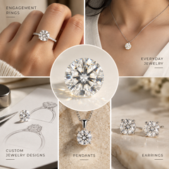 A five-panel collage showcasing diamond jewelry options: engagement rings worn on a hand, a necklace on a model, a close-up of a round brilliant-cut diamond, a pendant, and square-cut earrings, with text labels including Engagement Rings, Everyday Jewelry, Custom Jewelry Designs, Pendants, and Earrings.
