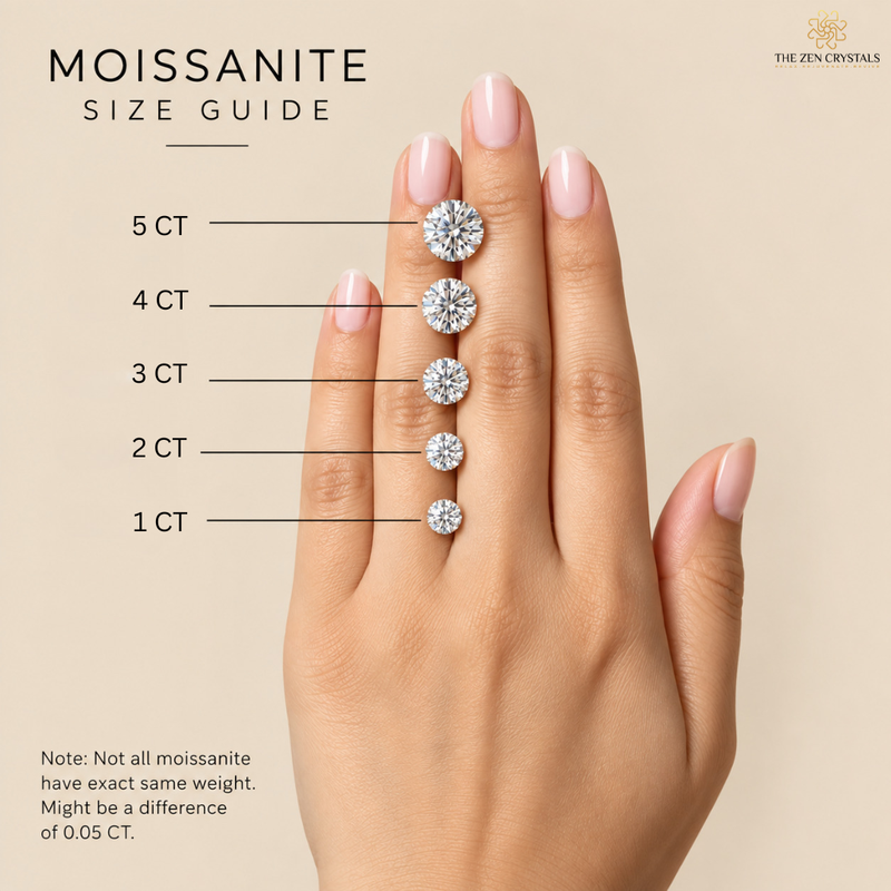 A hand with pale pink manicured nails displays a vertical row of moissanite rings in decreasing carat sizes labeled 5 CT, 4 CT, 3 CT, 2 CT, and 1 CT. The image includes a size guide header, a note about moissanite weight variation, and the brand logo for The Zen Crystals.