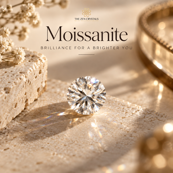 A round brilliant-cut moissanite gemstone displayed on a textured beige stone surface with warm sunlight and shadows. The image includes decorative dried flowers, a gold-toned tray edge, and branding text reading 'THE ZEN CRYSTALS' and 'Moissanite' with the tagline 'BRILLIANCE FOR A BRIGHTER YOU'.