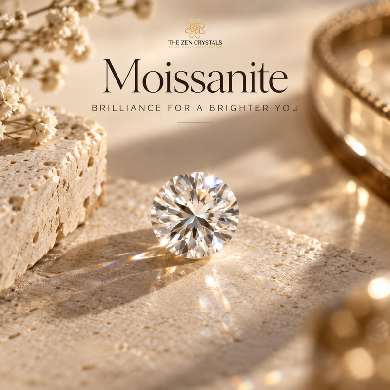 A round brilliant-cut moissanite gemstone displayed on a textured beige stone surface with warm sunlight and shadows. The image includes decorative dried flowers, a gold-toned tray edge, and branding text reading 'THE ZEN CRYSTALS' and 'Moissanite' with the tagline 'BRILLIANCE FOR A BRIGHTER YOU'.