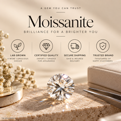 A moissanite gemstone displayed on a stone surface with a jewelry box, tweezers, dried flowers, and marketing text reading 'Moissanite' and 'Brilliance for a brighter you.' This is not a clean isolated product shot because the scene includes styled props and promotional copy, but there is no person or real environment; it functions more like a branded promotional product image.