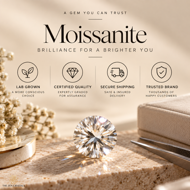 A moissanite gemstone displayed on a stone surface with a jewelry box, tweezers, dried flowers, and marketing text reading 'Moissanite' and 'Brilliance for a brighter you.' This is not a clean isolated product shot because the scene includes styled props and promotional copy, but there is no person or real environment; it functions more like a branded promotional product image.