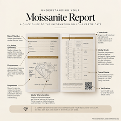 An informational graphic titled 'Understanding Your Moissanite Report' with labeled callouts pointing to parts of an open certificate page, including report number, color grade, clarity grade, proportions, fluorescence, and overall grade. The page includes a moissanite diagram, scales, and a QR code on a light gray background.