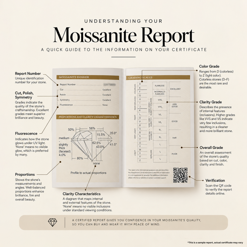 An informational graphic titled 'Understanding Your Moissanite Report' with labeled callouts pointing to parts of an open certificate page, including report number, color grade, clarity grade, proportions, fluorescence, and overall grade. The page includes a moissanite diagram, scales, and a QR code on a light gray background.