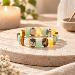 A beaded stretch money magnet flat bead bracelet made of polished gemstone-like round beads in yellow, mint green, brown, gray, and clear, displayed on a round stone tray with a softly blurred candle and plants in the background.