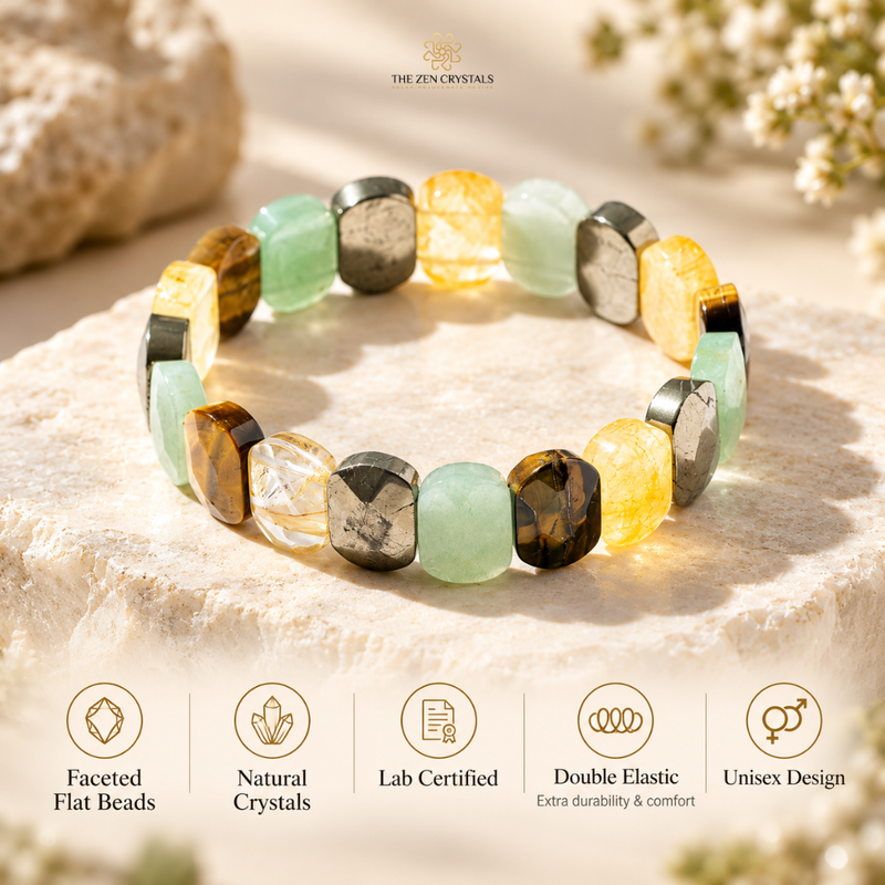 A beaded stretch bracelet displayed on a light stone slab, featuring faceted flat beads in green, yellow, brown, and metallic silver. The brand name 'THE ZEN CRYSTALS' is visible at the top, and feature icons for the beads and materials are shown at the bottom.