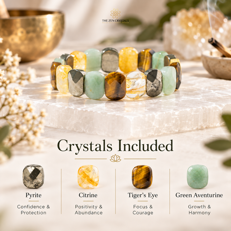 faceted pyrite, citrine, tiger's eye and green aventurine combination bracelet | the zen crystals