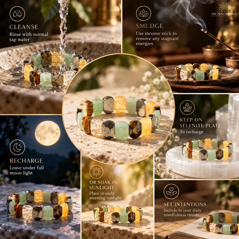 A collage showing a beaded bracelet with square translucent stones in green, yellow, brown, and clear, along with instructional panels about cleansing, smudging, charging, and intention setting. The brand name The Synchrovisions is visible in the top right.