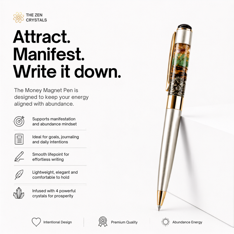 A promotional product graphic for The Zen Crystals Money Magnet Pen. The pen is shown on the right side with a gold and clear body and a green-and-brown marbled crystal cluster in the clip.