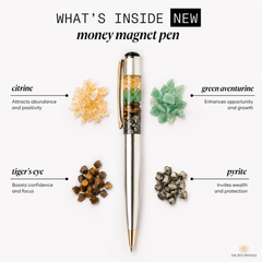 A silver and gold money magnet pen with embedded crystals is centered on a white background, surrounded by labeled crystal piles: citrine, green aventurine, tiger's eye, and pyrite. Text at the top reads 'WHAT'S INSIDE NEW money magnet pen.