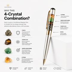 A promotional infographic for a 4-crystal money magnet pen by The Zen Crystals. The pen is shown vertically on a white background with a diagonal shadow, featuring a gold-finished body with clear crystal segments containing green, red, and blue elements.