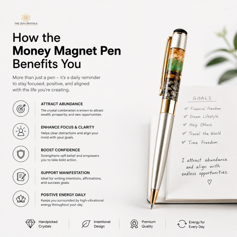 A promotional graphic for a gold and silver money magnet pen with green crystal inlay, shown next to a handwritten notebook page with goals. The left side features text and icons explaining the benefits of the pen, and the top left corner shows the 'The Zen Crystals' brand logo.