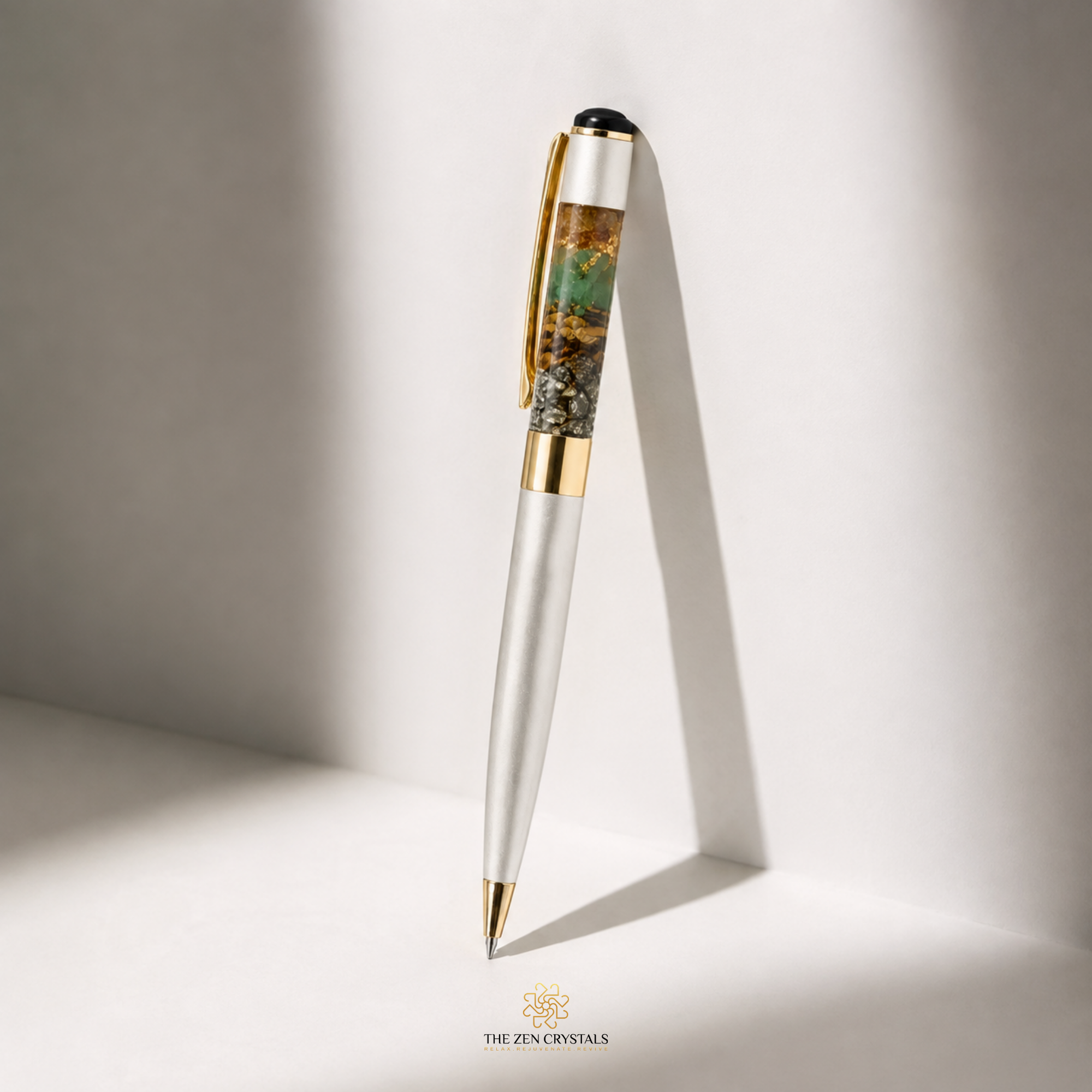 Money Magnet Pen containing Pyrite, Citrine, Tiger Eye and Green Aventurine crystals