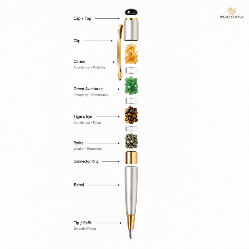An exploded view diagram of a gemstone pen, showing each component labeled with text such as Cap / Top, Clip, Citrine, Green Aventurine, Tiger's Eye, Pyrite, Connector Ring, Barrel, and Tip / Refill. The pen is shown disassembled on a clean white background with The Zen Crystals logo in the top right.
