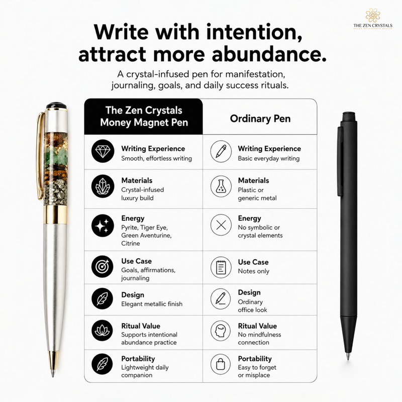A promotional comparison graphic for The Zen Crystals Money Magnet Pen versus an Ordinary Pen. The left side shows the branded pen with a gold-toned body, clear crystal inlay, and black pen tip.