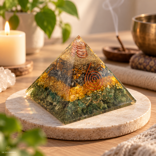 Money Magnet pyramid with layered green, gold, and amber tones sits on a round stone tray. The pyramid contains embedded natural elements, including a spiral amber piece and green leaf layers, and is photographed in a warm, styled setting with candles, a plant, and a brass bowl in the background.